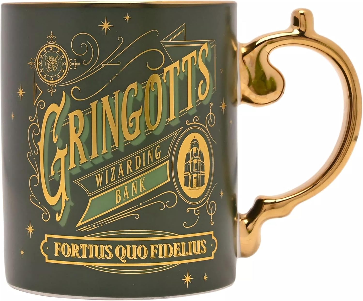 A dark green ceramic mug with gold and green printed graphics featuring the text 'Gringotts Wizarding Bank' and 'Fortius Quo Fidelius', with a metallic gold handle on a white background.