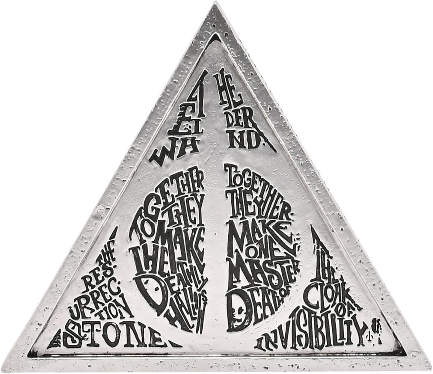 Triangular metal sign with engraved text on a white background