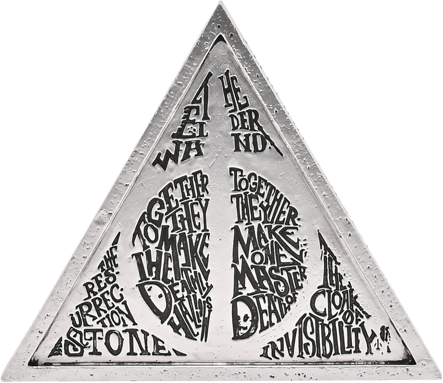 Triangular metal sign with engraved text on a white background