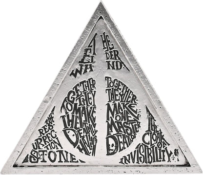 Triangular metal sign with engraved text on a white background