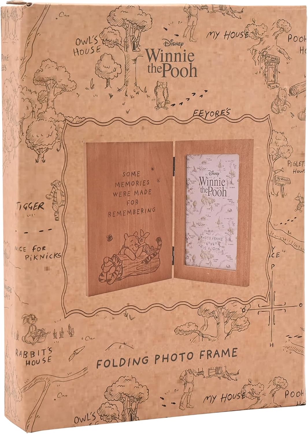 Winnie the Pooh-themed folding photo frame with illustrations on a brown background
