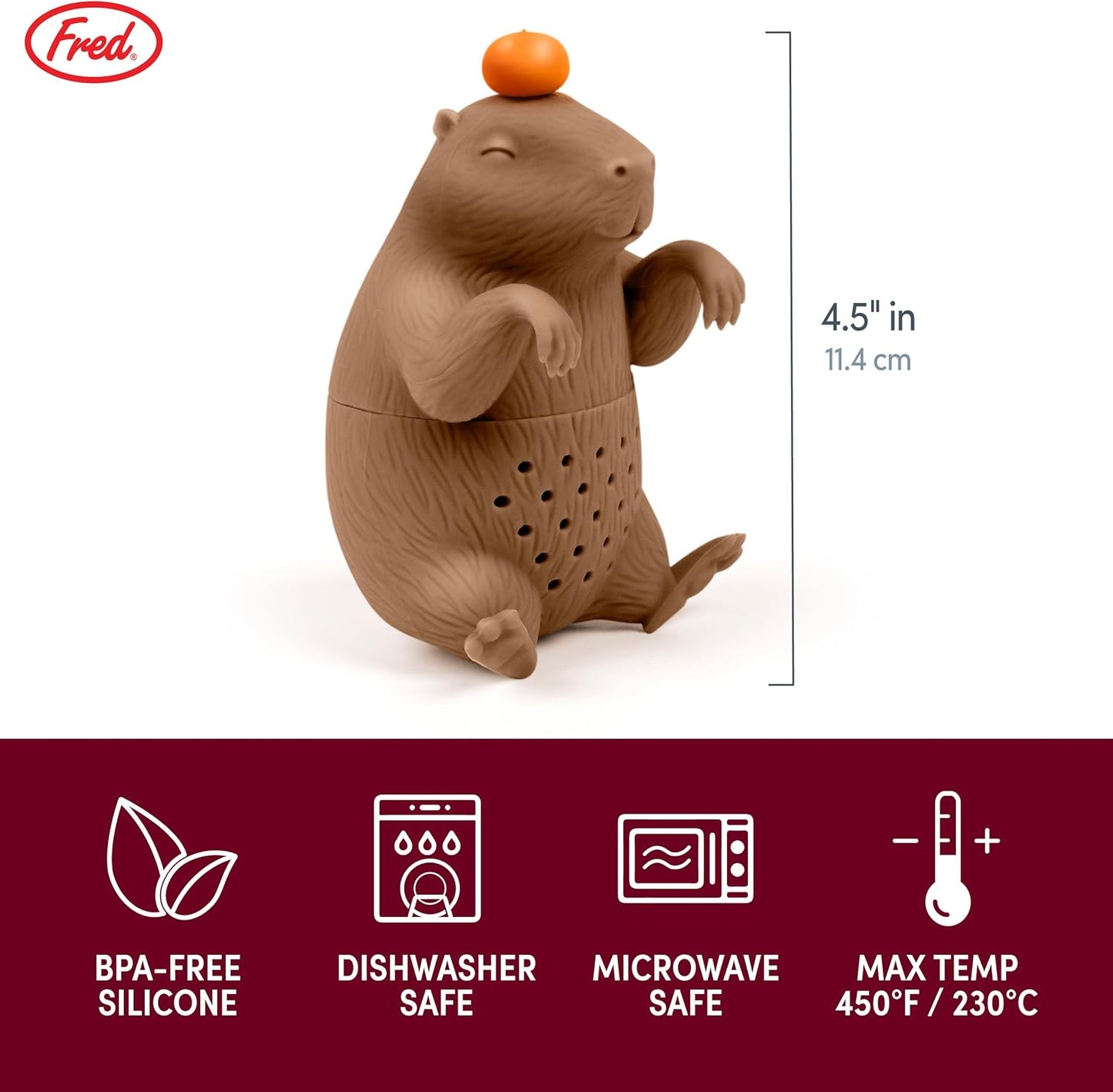 Tea infuser shaped like a beaver with dimensions, material safety features, and Fred brand logo.
