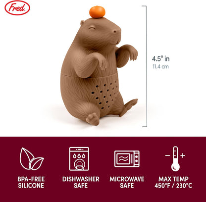 Tea infuser shaped like a beaver with dimensions, material safety features, and Fred brand logo.