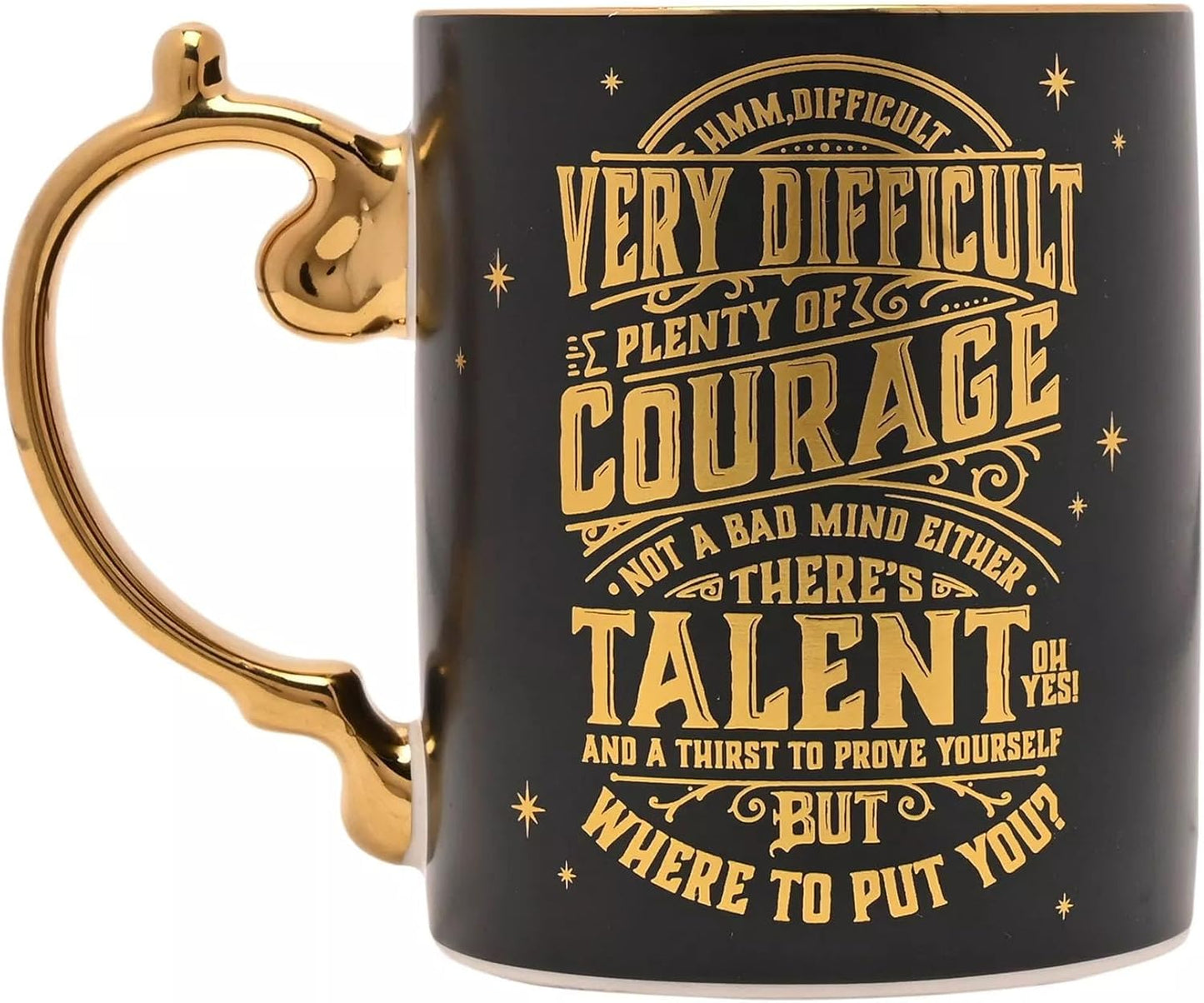 A black ceramic mug with a gold handle and gold printed text featuring motivational quotes, shown on a plain white background.