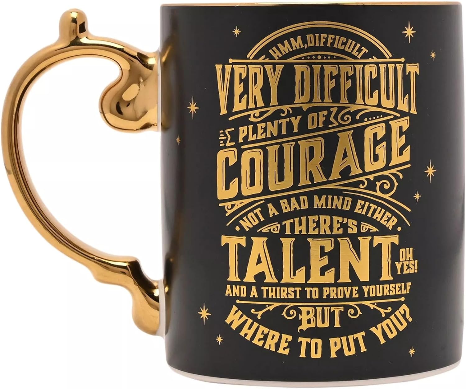 A black ceramic mug with a gold handle and gold printed text featuring motivational quotes, shown on a plain white background.