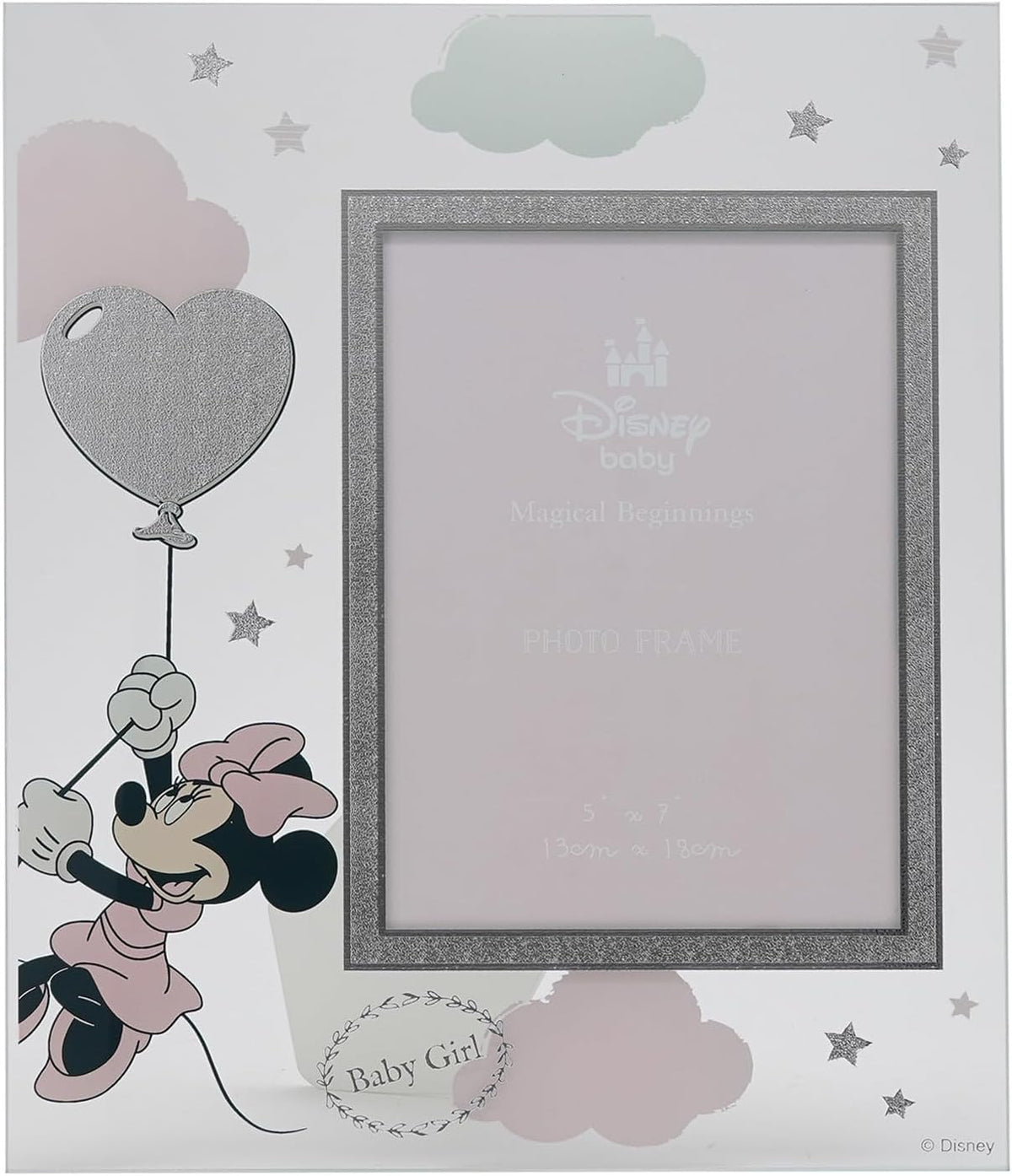 Minnie Mouse holding onto a heart balloon, baby girl. Glass