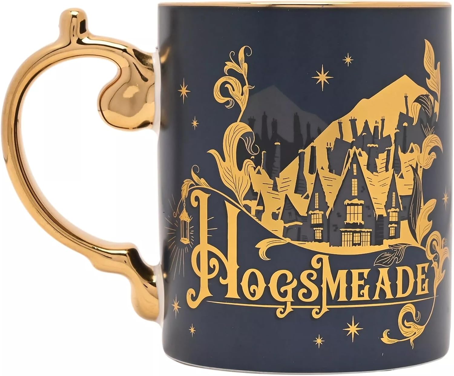 A dark navy blue ceramic mug with a gold handle and gold printed illustration of Hogwarts Castle and the word 'HOGSMEADE' on a white background.