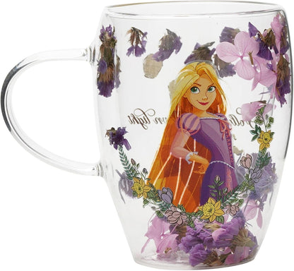 A clear glass mug featuring an illustration of Rapunzel surrounded by purple flowers and green leaves, with the words 'what one Do' printed on the side.