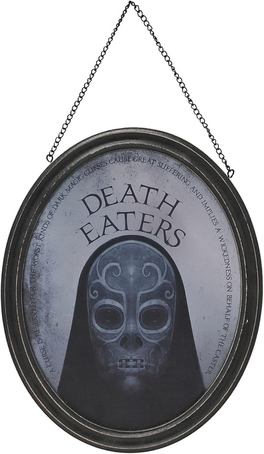 Decorative plaque with 'Death Eaters' text and a skull design, hanging on a white background.