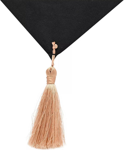 A close-up of a black fabric accessory, likely a scarf or sash, featuring a decorative tassel with a knot and a wrapped top in a warm beige or blush tone, set against a plain white background.