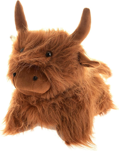 A brown plush Highland cow doorstop with shaggy faux fur, long horns, and a soft stitched snout, photographed against a plain white background.