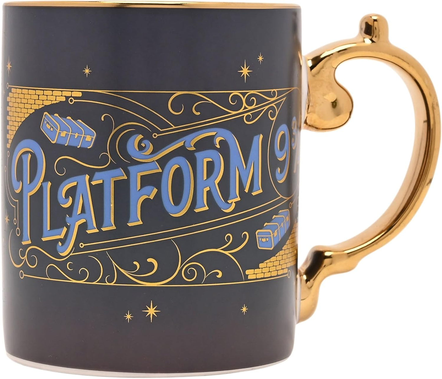 A dark navy blue ceramic mug with a gold handle and rim, featuring a gold and blue 'Platform 9 1/2' graphic inspired by Harry Potter, on a white background.