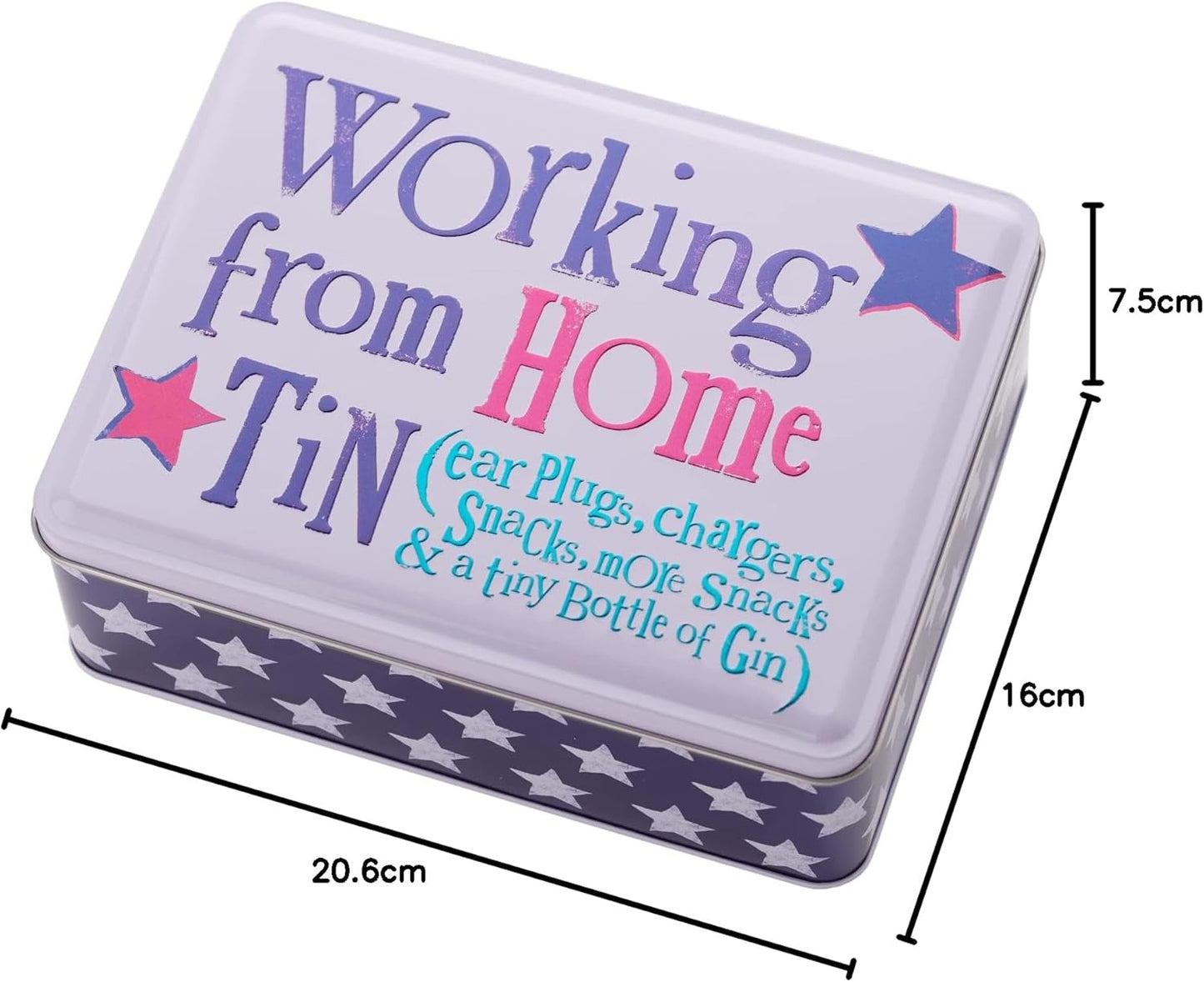 Tin box with 'Working from Home TiN' text and star design, dimensions shown.