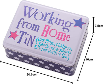 Tin box with 'Working from Home TiN' text and star design, dimensions shown.