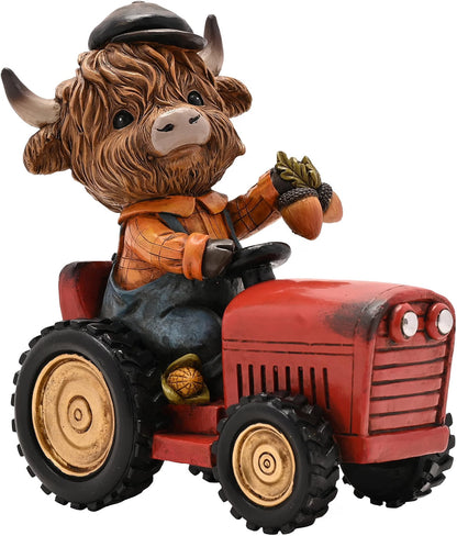 A whimsical figurine of a shaggy Highland cow driving a red tractor, wearing an orange plaid shirt and blue overalls, set against a plain white background.