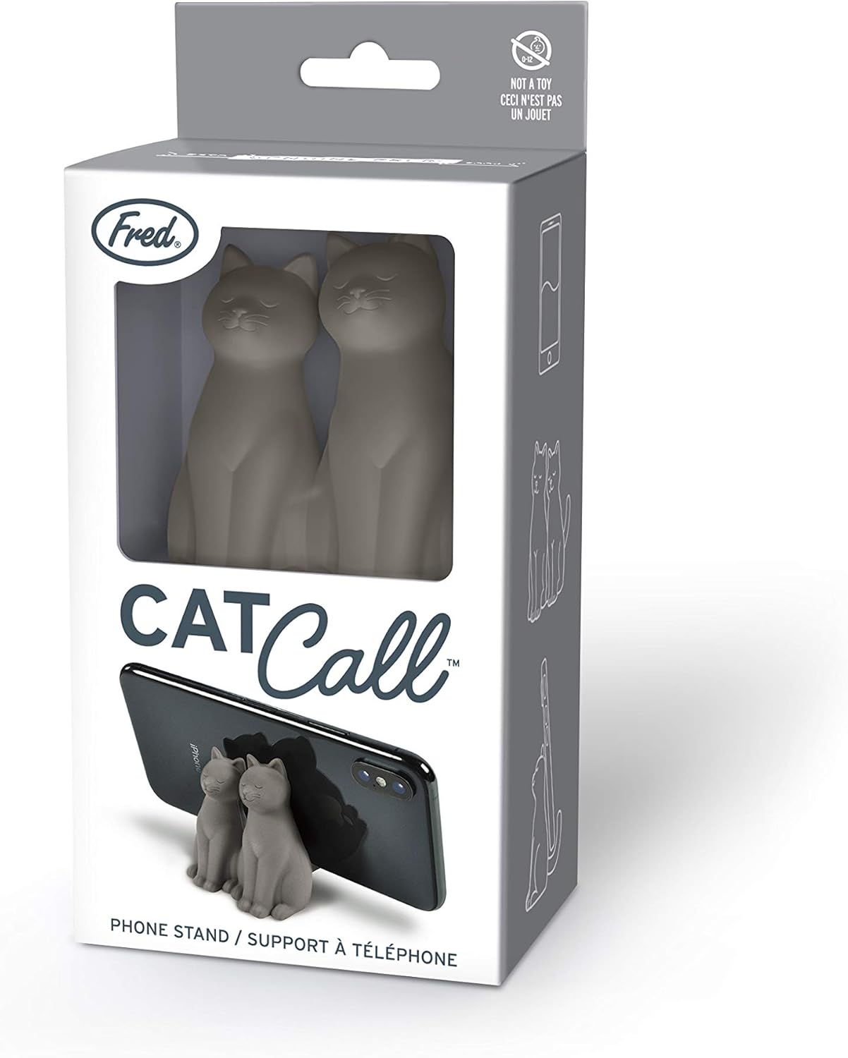 Cat-shaped phone stand in packaging with 'Fred' branding