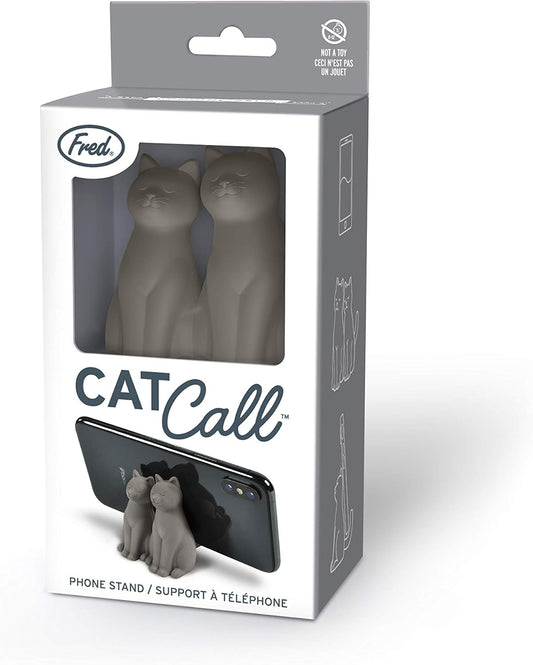 Cat-shaped phone stand in packaging with 'Fred' branding