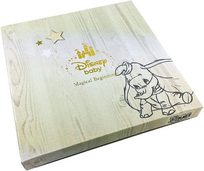 Wooden box with Disney Baby branding and Dumbo illustration on a white background