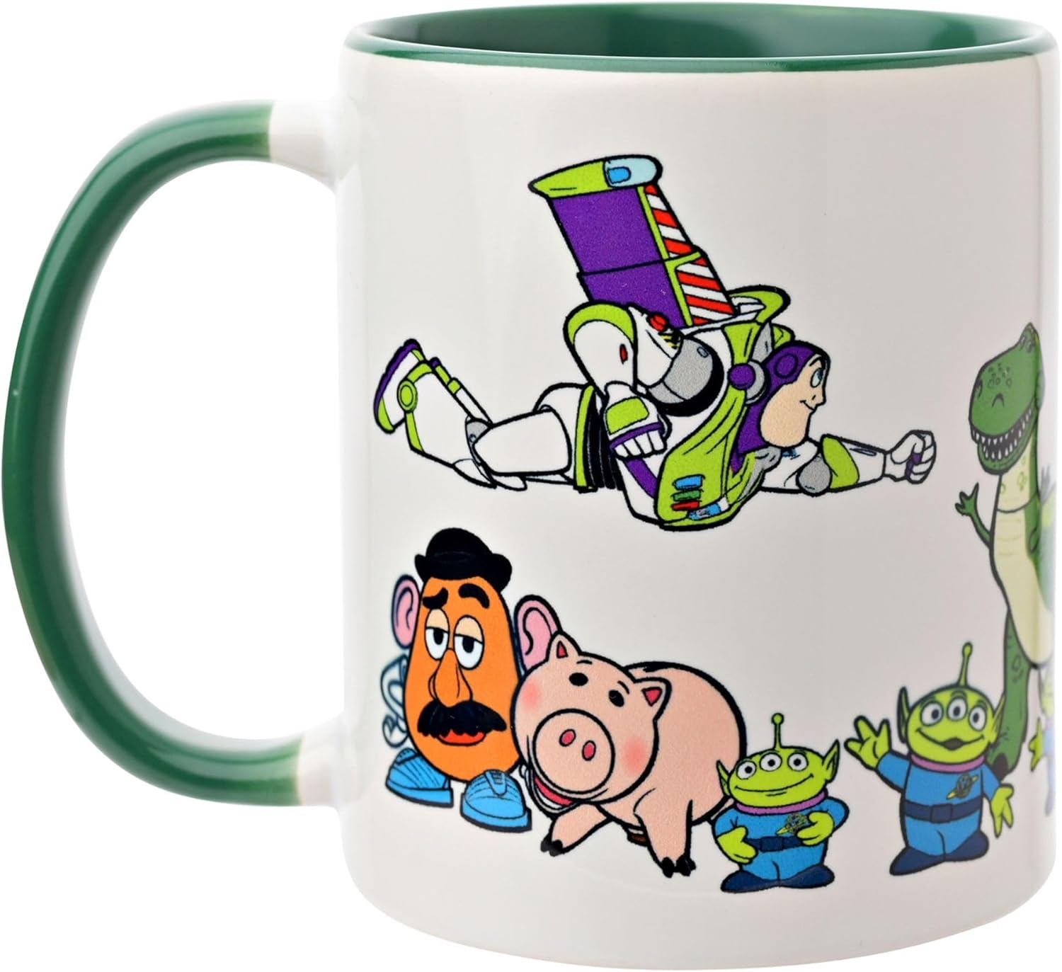 Mug with cartoon characters including Buzz Lightyear and friends on a white background