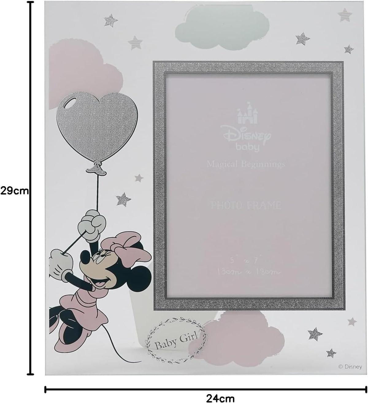 Minnie Mouse holding onto a heart balloon, baby girl. Glass