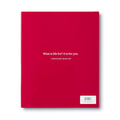 Red book with white text on a white background