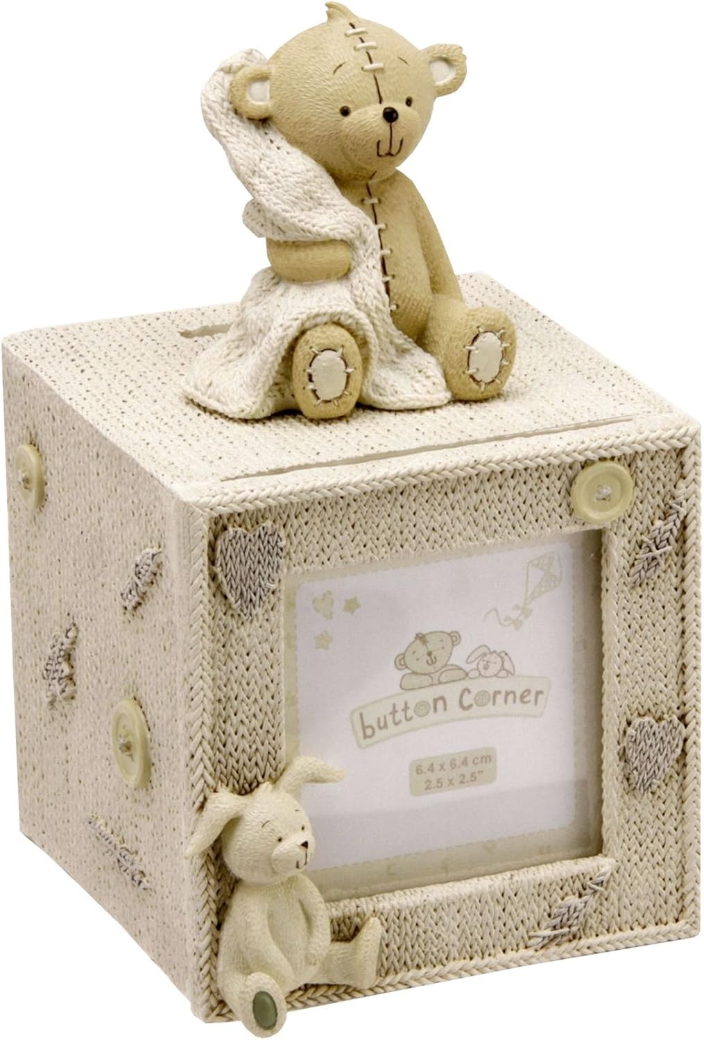 Decorative Money Box with a teddy bear and bunny on top, featuring 'button corner' branding.