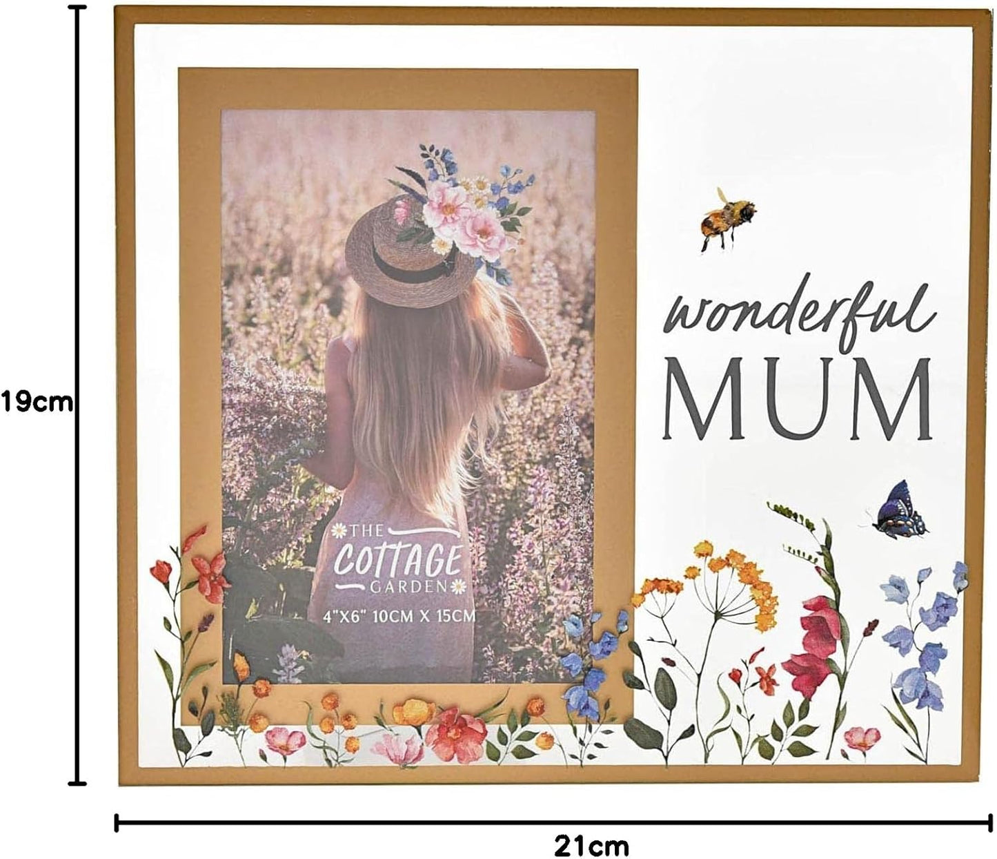 Decorative photo frame with floral design and text 'wonderful MUM' on a white background