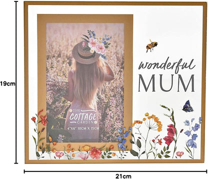 Decorative photo frame with floral design and text 'wonderful MUM' on a white background