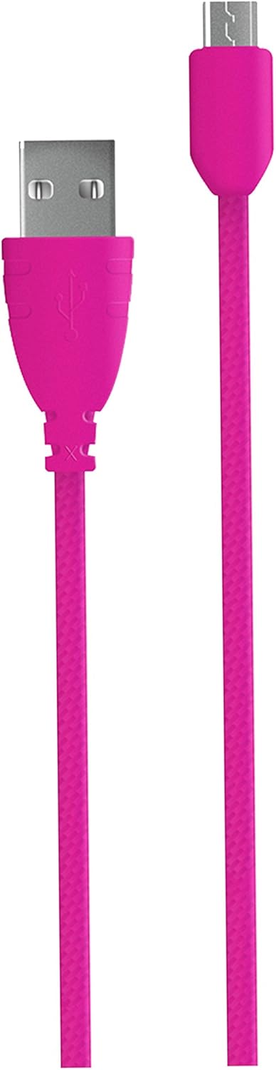 Pink USB cable with one end being a USB connector and the other an micro USB connector.