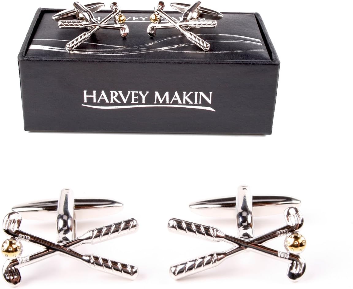Harvey Makin cufflinks displayed in front of a branded box on a white background