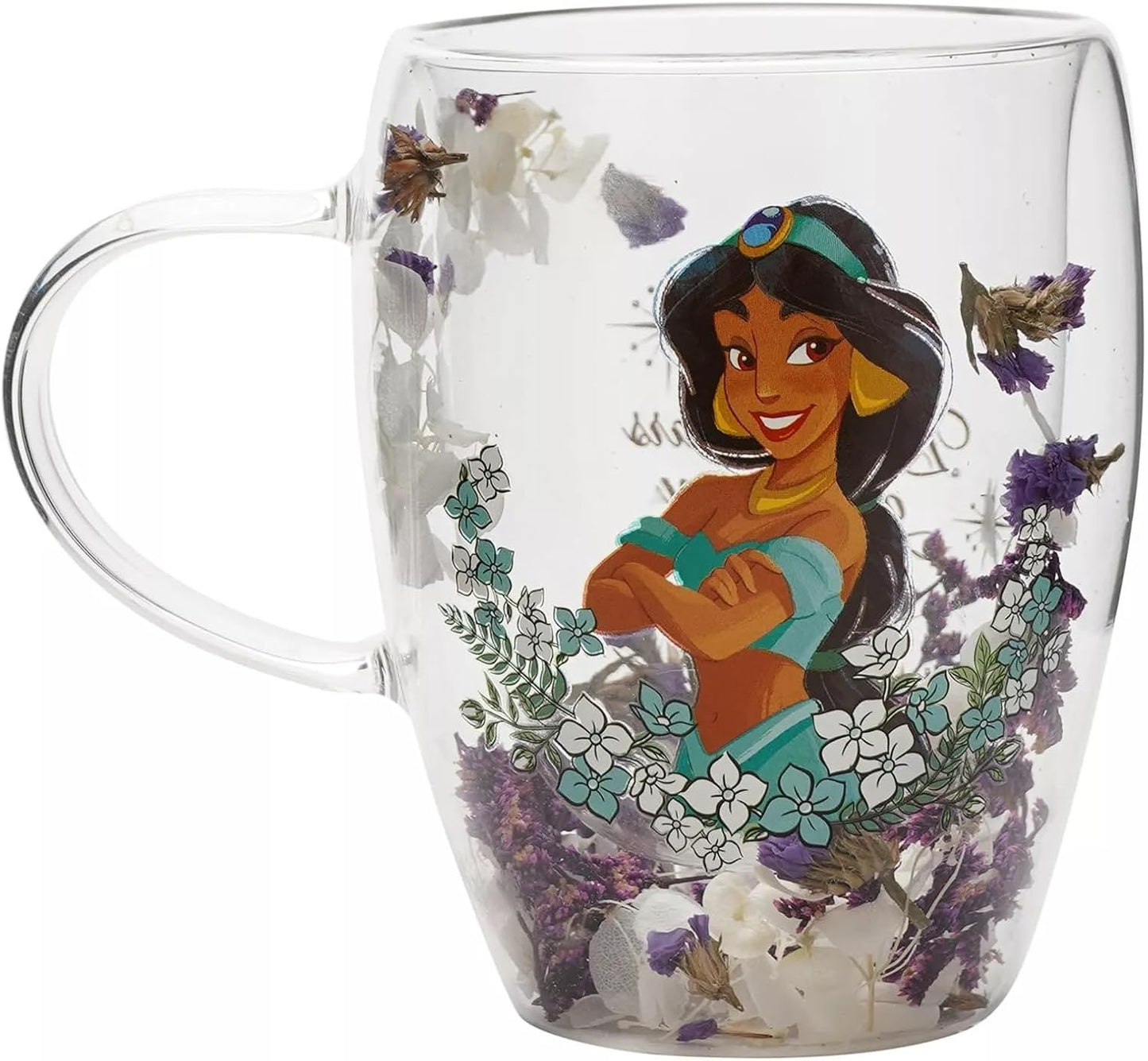 A clear glass mug featuring an illustration of Disney's Jasmine Al-Faruqee surrounded by dried purple flowers and white blossoms, shown on a plain white background.