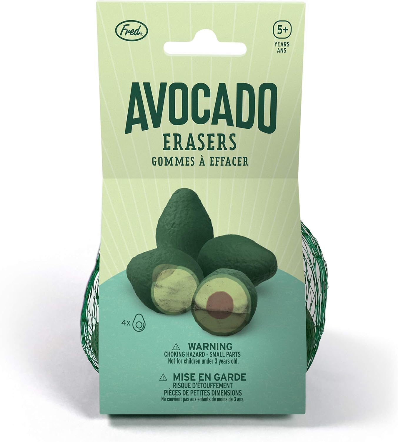Avocado-shaped erasers in a green packaging with 'Fred' branding.