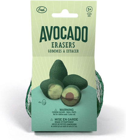 Avocado-shaped erasers in a green packaging with 'Fred' branding.