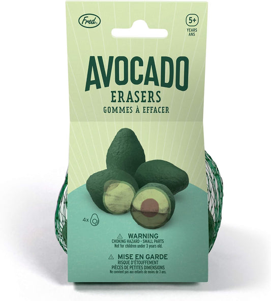 Avocado-shaped erasers in a green packaging with 'Fred' branding.
