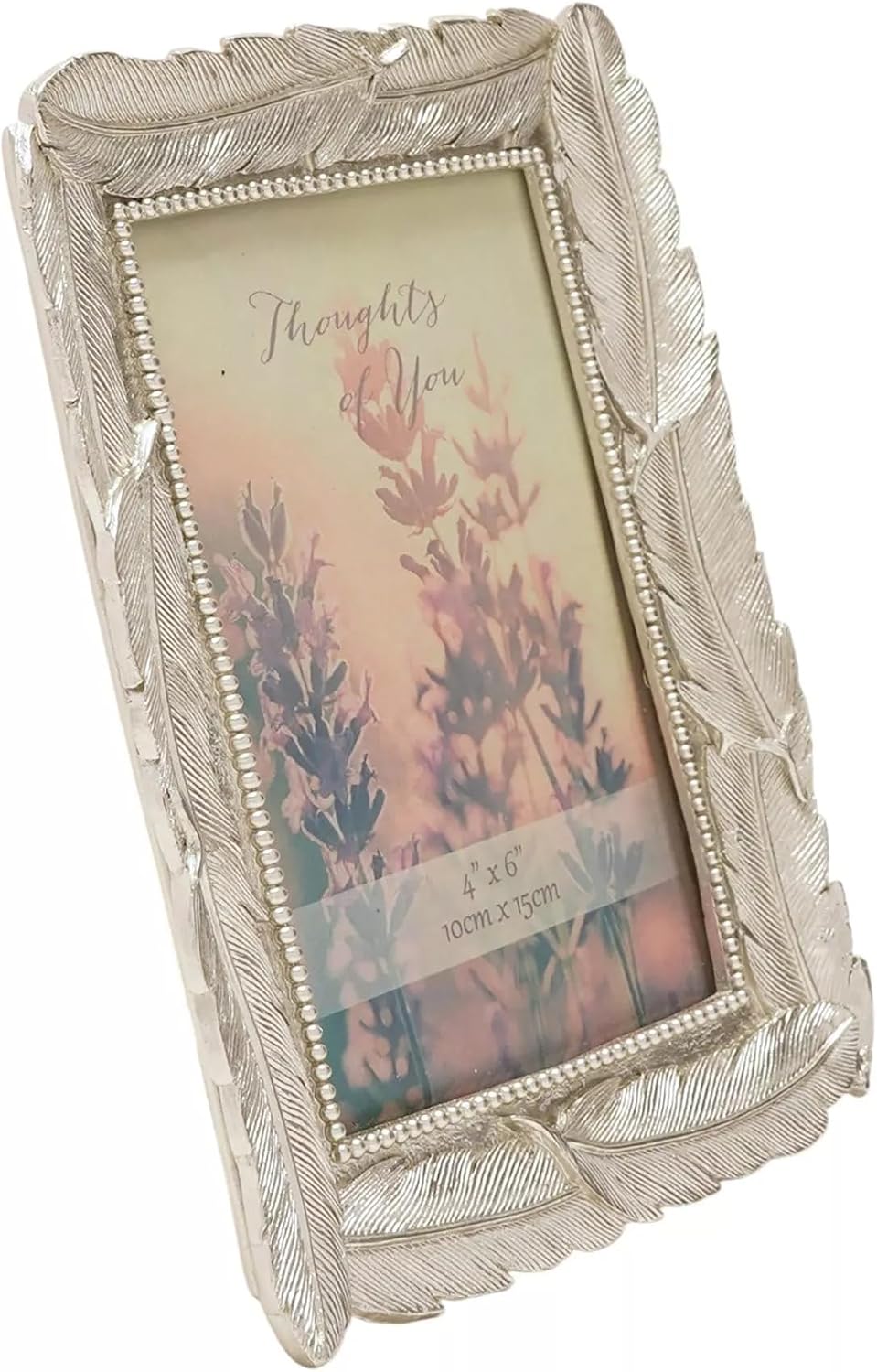 An ornate silver-toned picture frame with a leaf or feather-like textured border and a beaded inner trim, holding a floral photo insert on a white background.