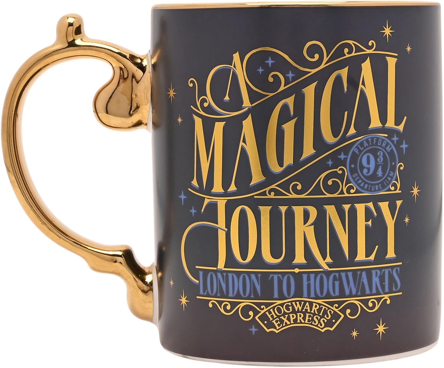 A dark navy blue ceramic mug with a gold handle and rim, featuring 'A Magical Journey London to Hogwarts' in gold and blue lettering, inspired by Harry Potter.