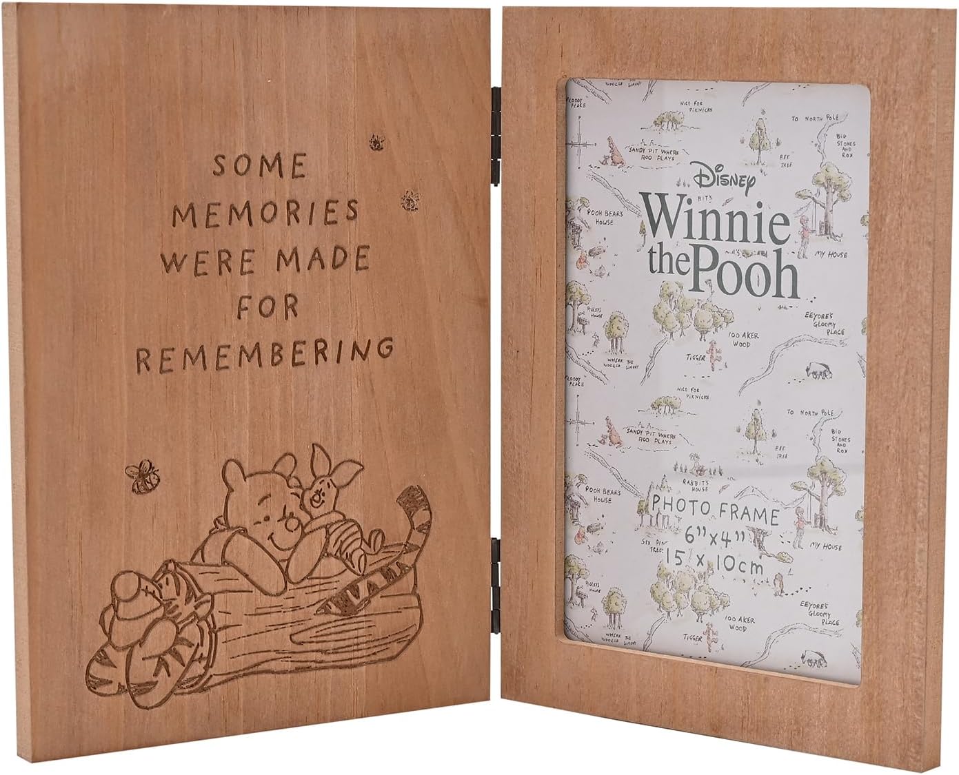 Wooden photo frame with engraved text and illustrations, featuring a map inside.