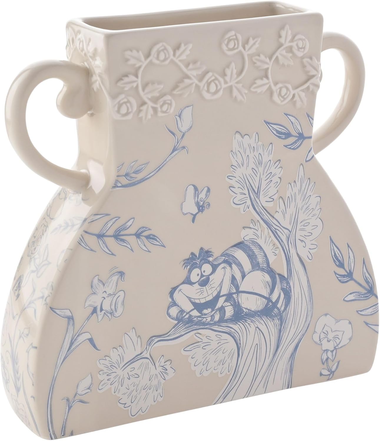 Decorative vase with blue floral and animal design on beige background