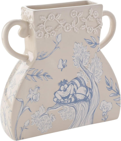 Decorative vase with blue floral and animal design on beige background
