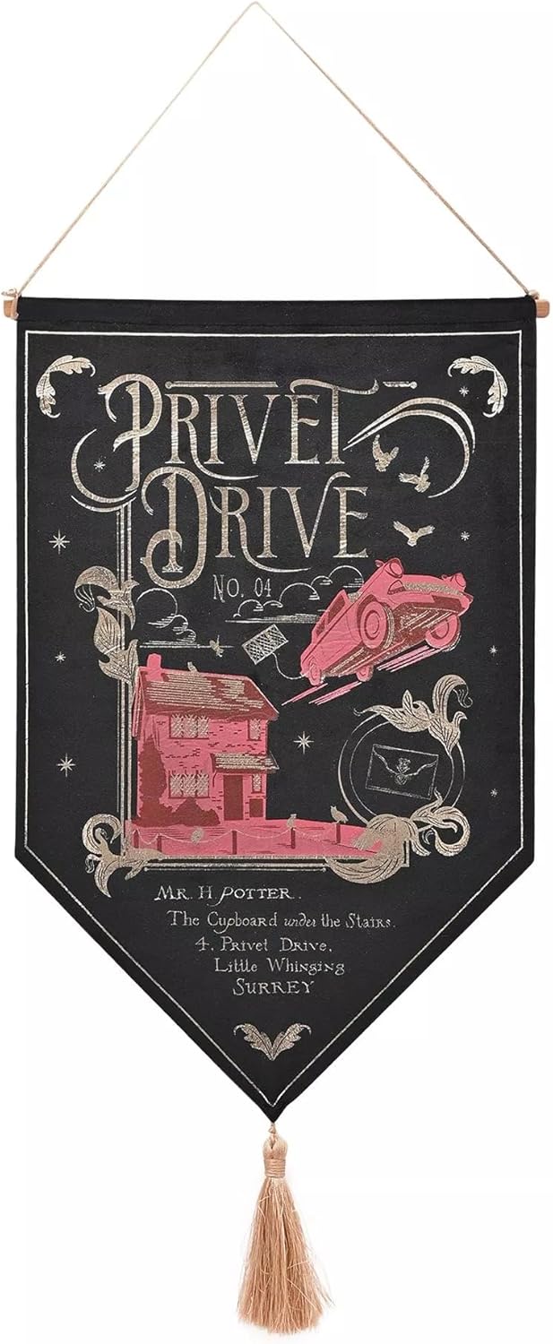 A hanging fabric wall banner with a black background and printed vintage-style artwork for 'Privet Drive No. 04.