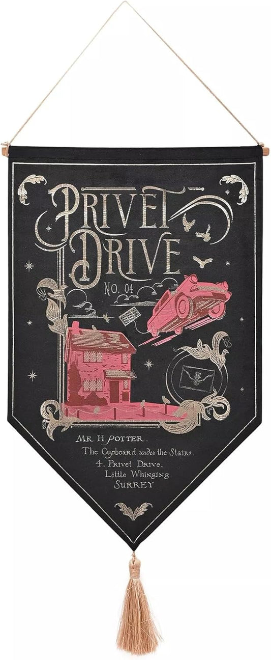 A hanging fabric wall banner with a black background and printed vintage-style artwork for 'Privet Drive No. 04.