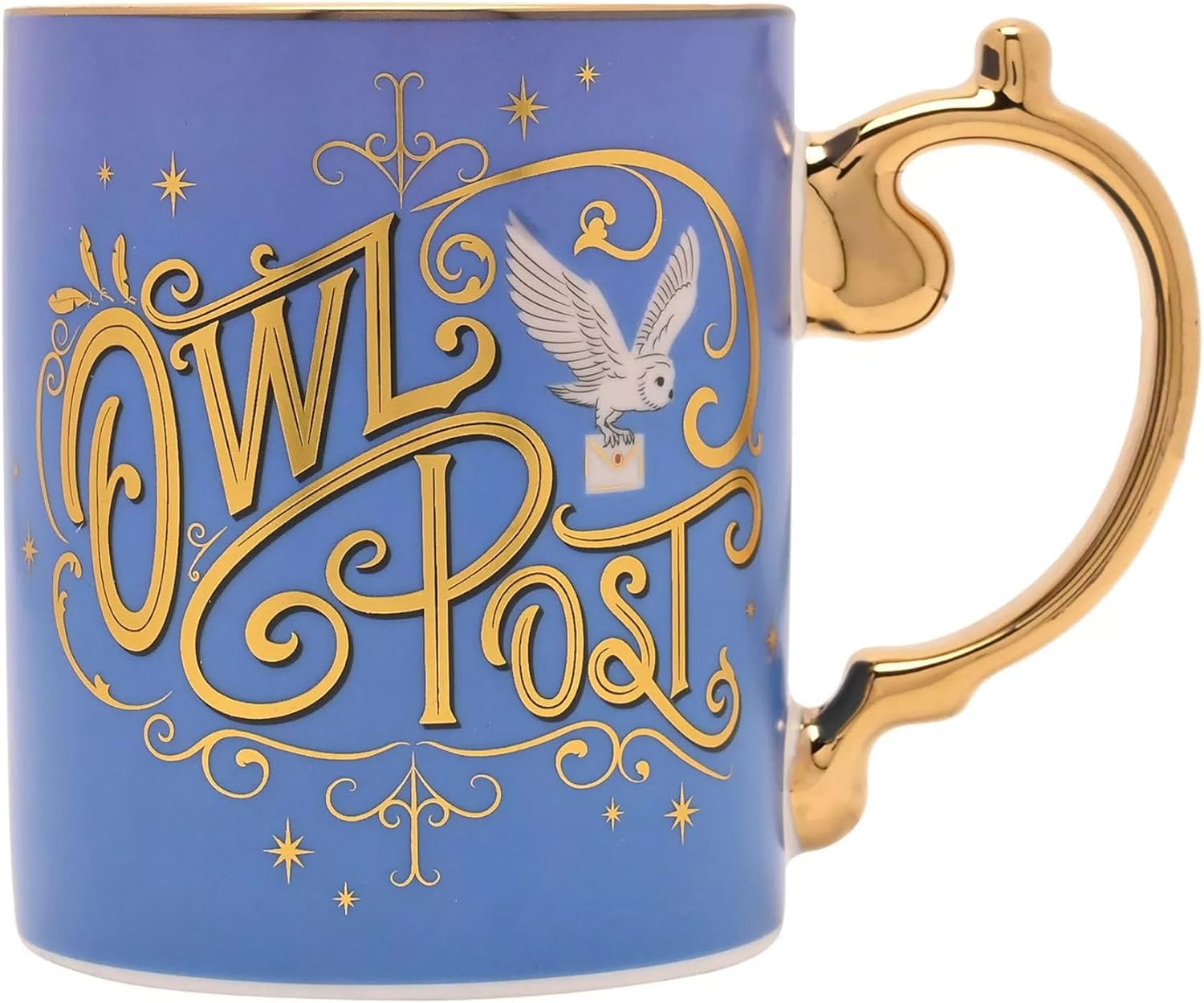 A blue ceramic mug with a gold handle and gold foil detailing spelling 'Owl Post' in an ornate script, featuring an illustration of an owl carrying a letter. The mug is shown on a clean white background.