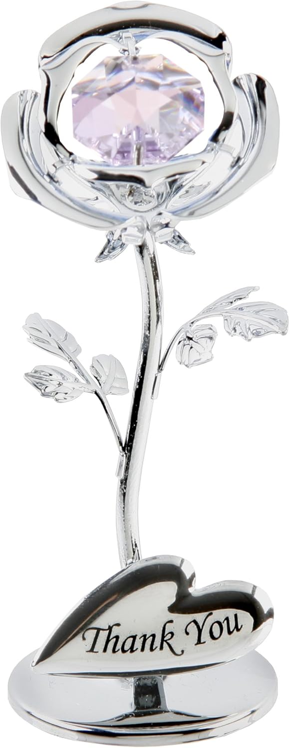 Silver rose with a heart at the base and 'Thank You' engraved, on a white background