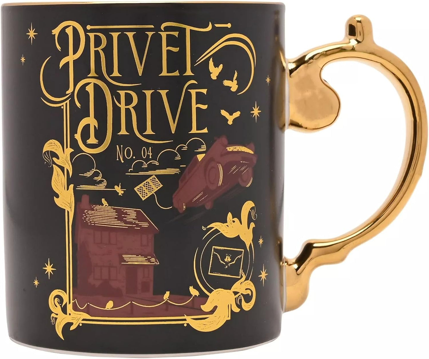 A black ceramic mug with a gold handle and gold 'Privet Drive No. 04' lettering, featuring a gold and burgundy illustration of the Forbidden Forest house and car.