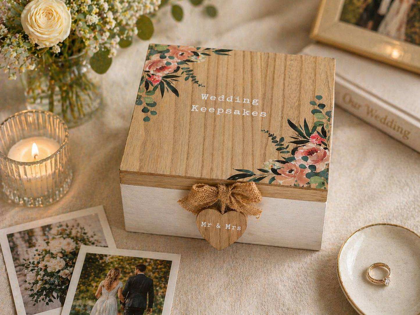 Wooden wedding keepsake box with floral design and 'Wedding Keepsakes' text, surrounded by photos and a candle.