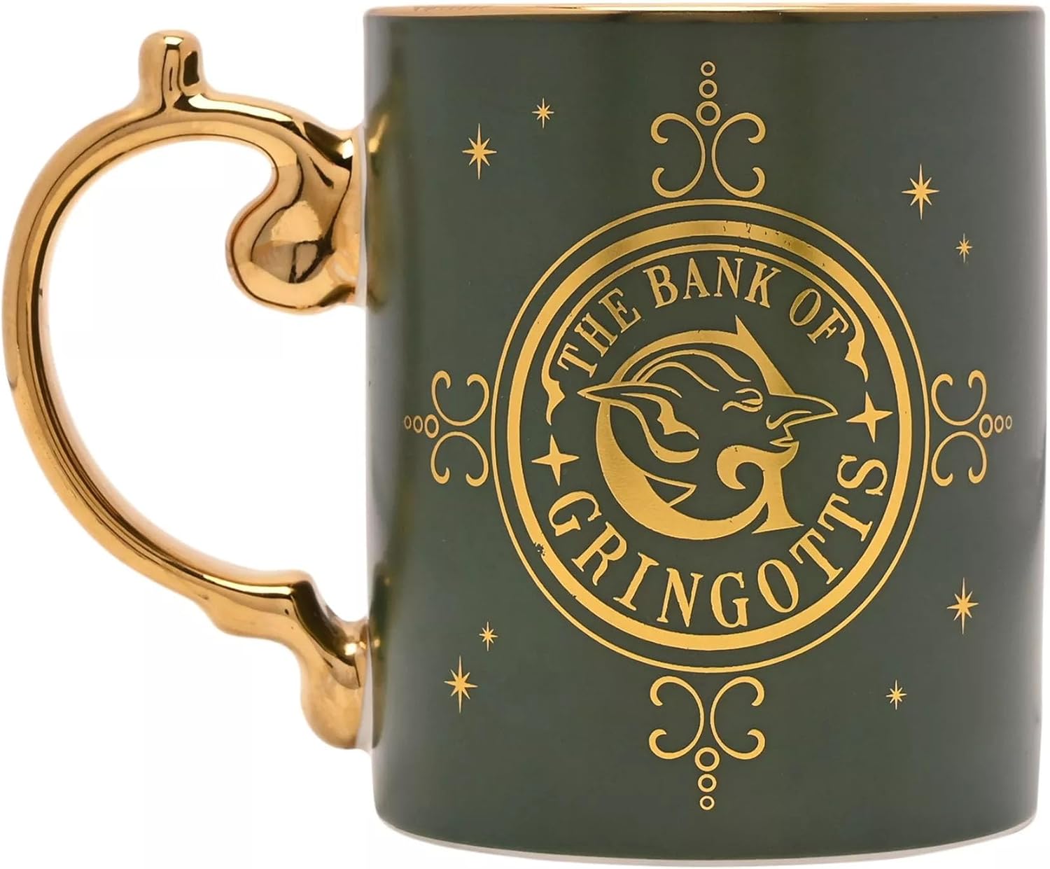 A dark green ceramic mug with a metallic gold handle and gold printed graphics, featuring the 'The Bank of Gringott' logo from The Lord of the Rings franchise.