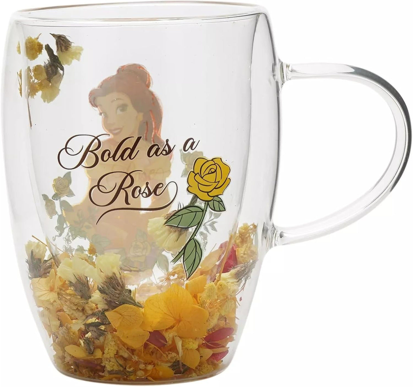A clear double-walled glass mug featuring a Belle from Beauty and the Beast illustration, a yellow rose graphic, and dried yellow and brown flowers suspended at the bottom, set against a plain white background.
