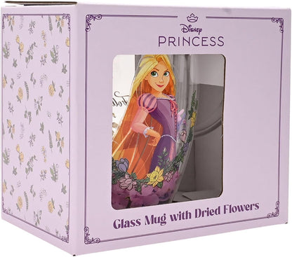 Disney Princess glass mug in its original lavender packaging box, featuring Rapunzel's illustration on the front window.