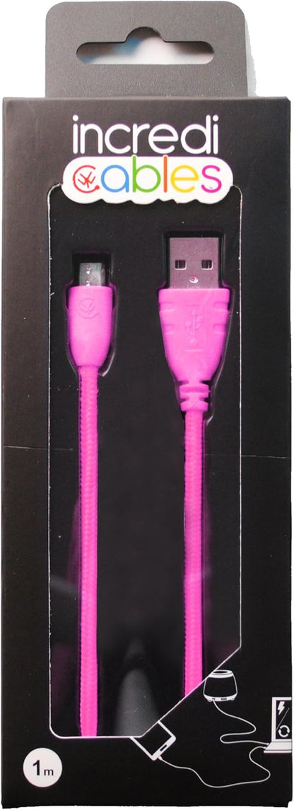 Pink USB cable in packaging with 'incredi cables' branding.