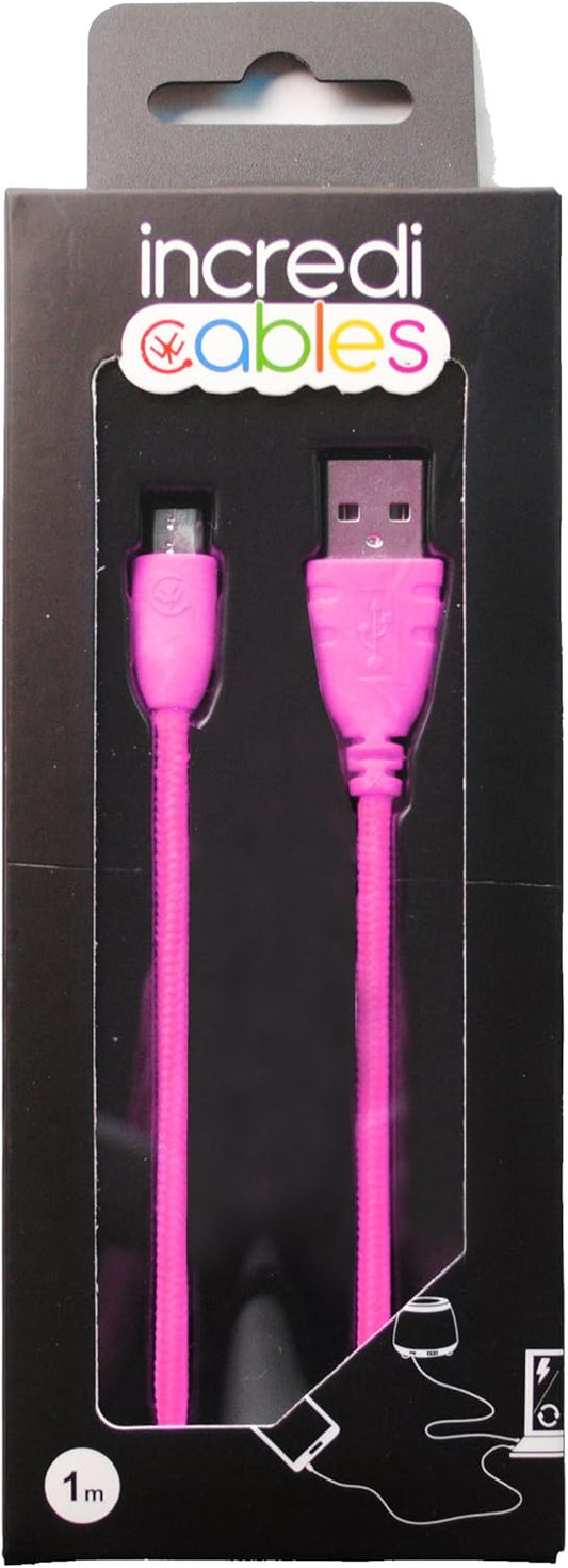 Pink USB cable in packaging with 'incredi cables' branding.